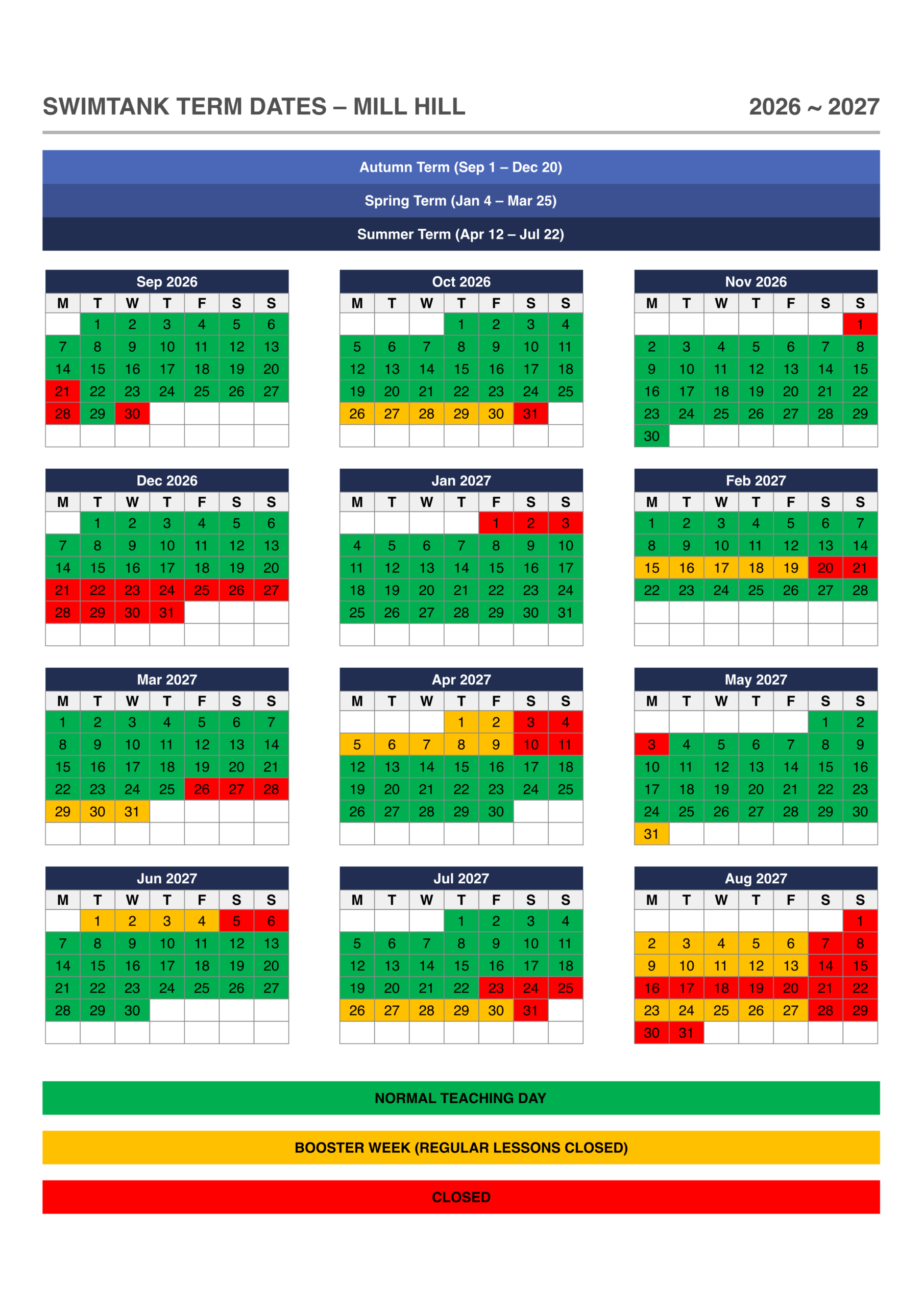 SWIMTANK Mill Hill term dates calendar for 2026 to 2027